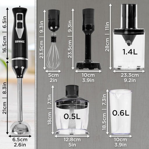 Duronic HB35 Mixeur plongeant à main 350W avec Presse-Purée Hachoir Fouet Spiraliseur | 2 Réglages de Vitesses | 2 lames et axe en inox | Idéal pour Soupe Pâtisserie Smoothie Purée Fruits Légumes