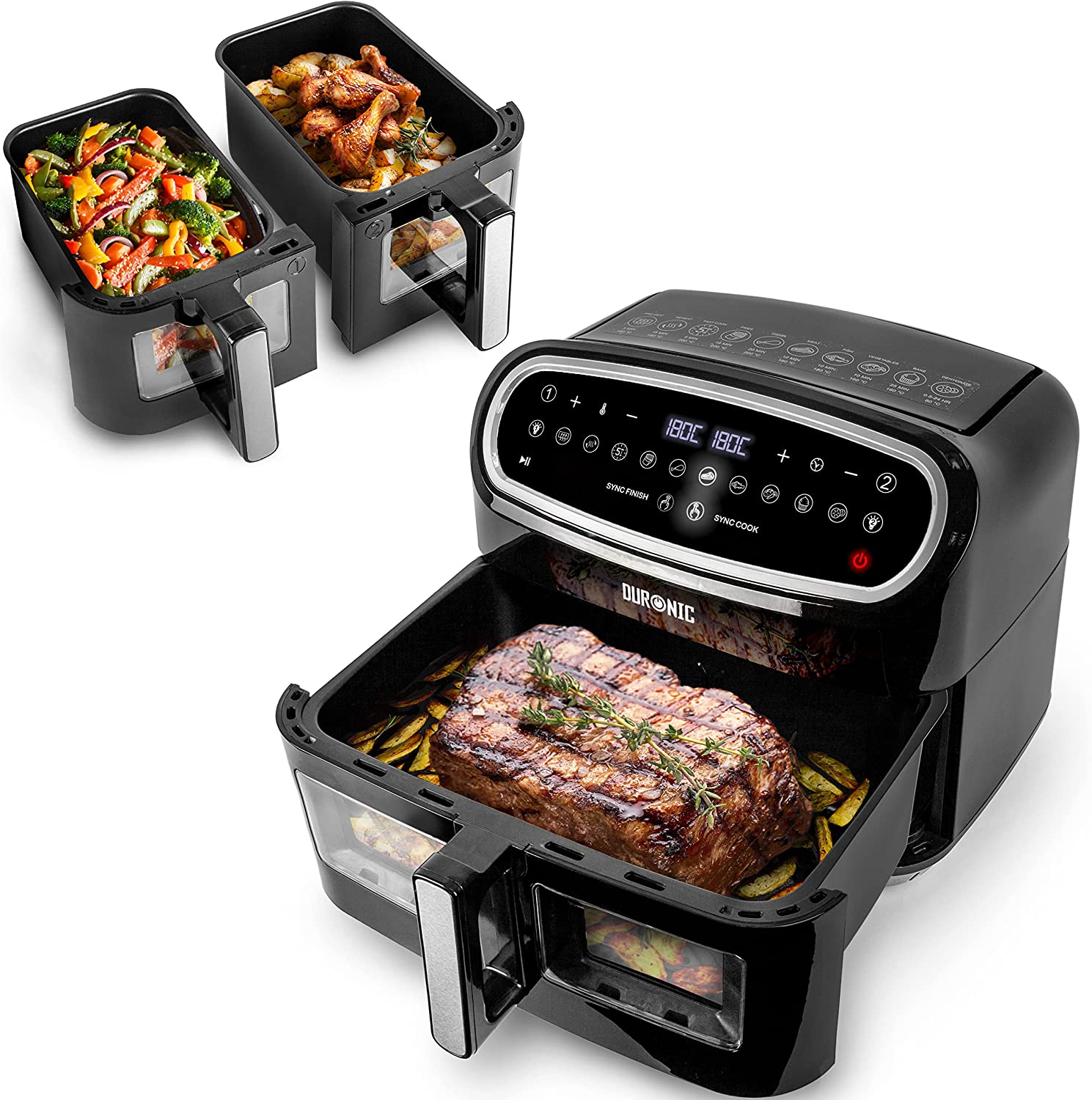 Duronic AF34 BK Set Friteuse à Air avec 1 grand tiroir de 10L et 2 petits tiroirs de 5L inclus | 10 Programmes de Cuisson Préréglés | Sans huile | Fonctions Sync Cook Sync Finish