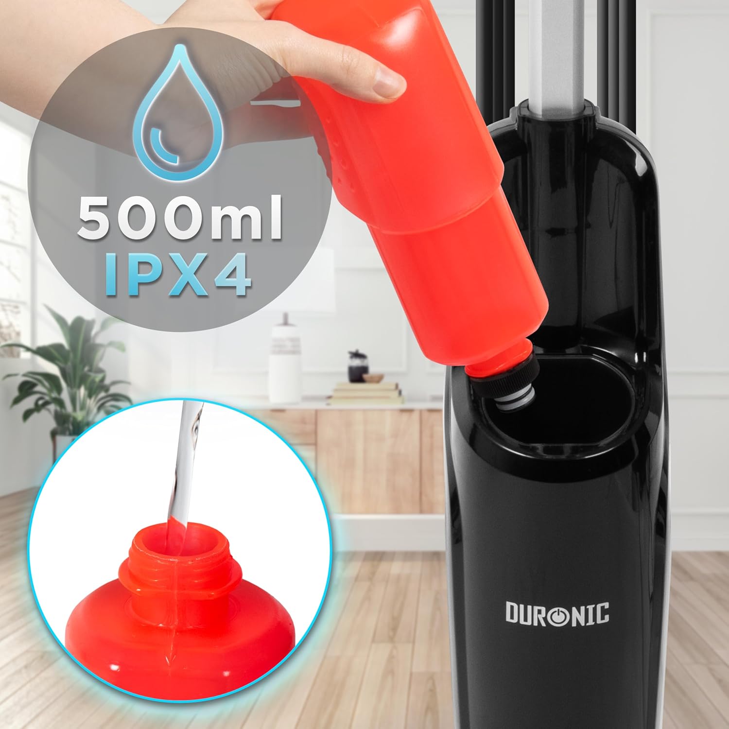 Duronic STM15 BK Balai nettoyeur vapeur de 1500W Réservoir de 500 ml Température maximale de 100°C Nettoyage sol dur carrelage tapis Nettoie sans produits chimiques