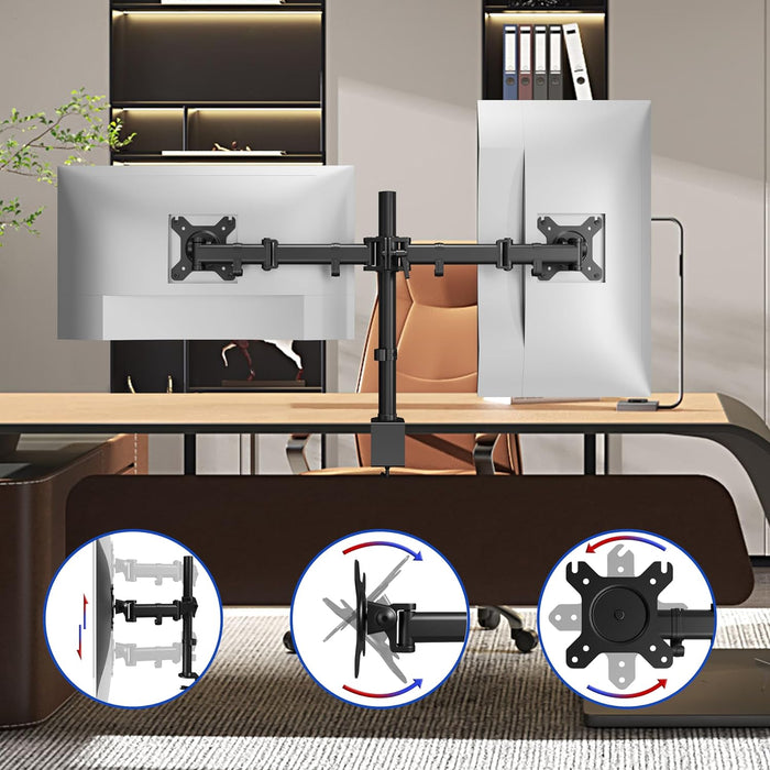 Duronic DM252 BK Support de 2 moniteurs à Pince pour Bureau - Hauteur Ajustable -Rotatif/Pivotable/Inclinable-Compatible avec Moniteur d'Ordinateur LCD/LED VESA 75/100-Potence et Bras en Acier