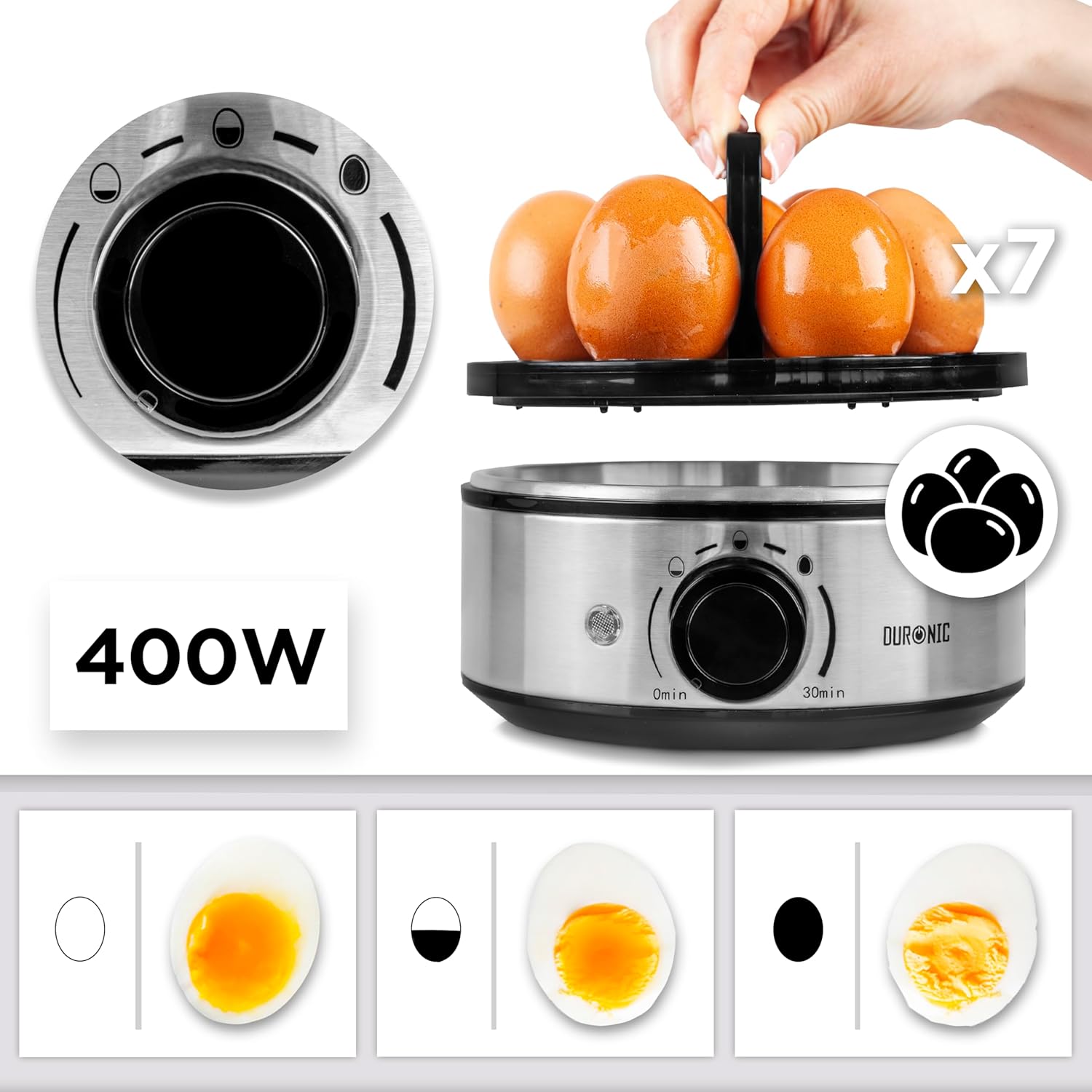 Duronic EB50 BK Cuiseur à oeufs 1 à 7 oeufs 400W Thermostat et minuteur 3 modes de cuisson Oeuf dur ou mollet ou à la coque Arrêt automatique avec alarme sonore Cuisson omelettes légumes œufs