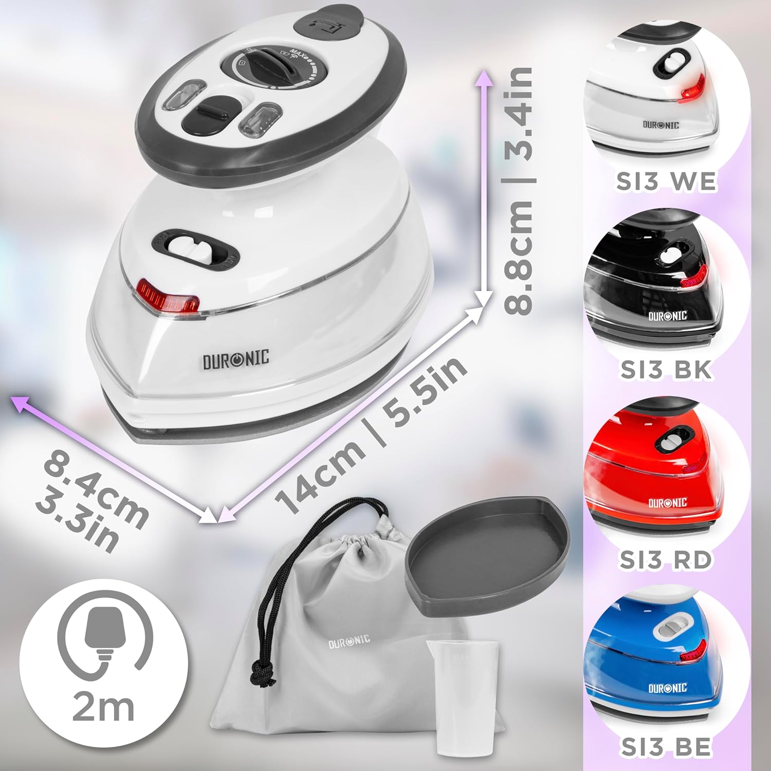 Duronic SI3 WE Fer à repasser à vapeur de voyage 400W Léger et compact 495g Idéal pour les déplacements Convient pour crafts et patchworks Accessoires inclus