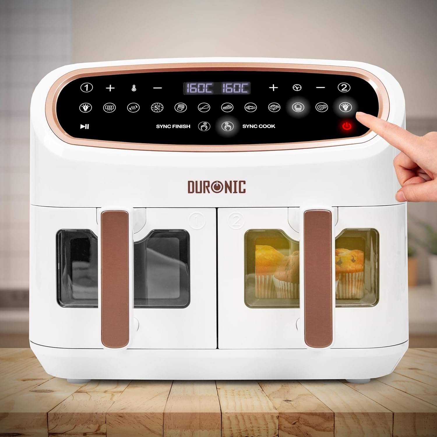 Duronic AF34 WG Set Friteuse à Air avec 1 grand tiroir de 10L et 2 petits tiroirs de 5L inclus | 10 Programmes de Cuisson Préréglés | Sans huile | Fonctions Sync Cook Sync Finish