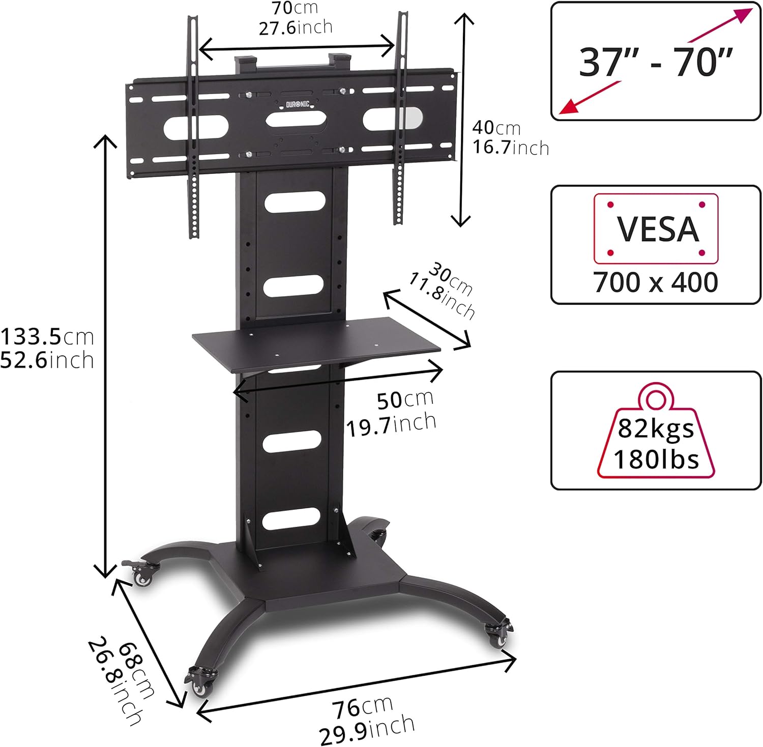 Duronic TVS4T1 Meuble TV pour écran 37 à 70 Pouces Support télévision LCD LED OLED QLED VESA 600x400 mm Charge Max 82 kg roulettes intégrées