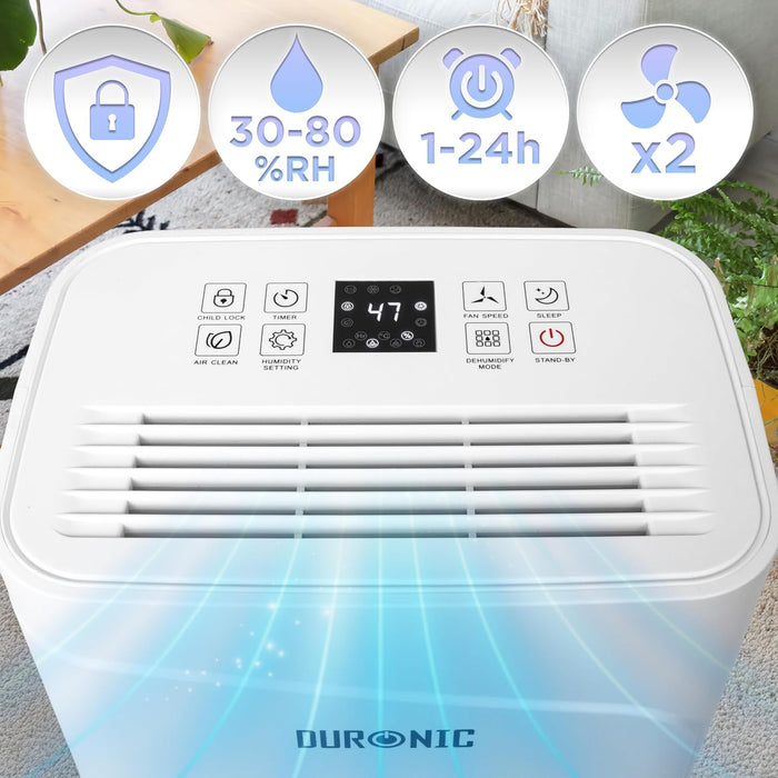 Duronic DH121 Déshumidificateur 300W Jusqu'à 12 litres d'eau par jour Réservoir d'eau de 2,1 litres Lutte contre l’humidité excessive et empêche la formation de moisissures Minuteur de 1 à 24 heures