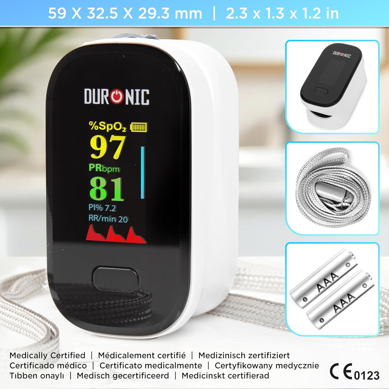 Duronic OX02 Oxymètre de pouls 1.5V Appareil de mesure de saturation en Oxygène du Sang SpO2 Rythme Cardiaque 2x piles AAA