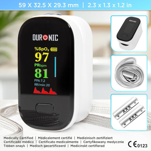 Duronic OX02 Oxymètre de pouls 1.5V Appareil de mesure de saturation en Oxygène du Sang SpO2 Rythme Cardiaque 2x piles AAA