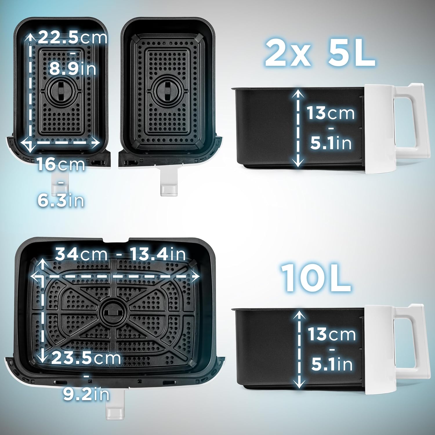 Duronic AF34 WG Set Friteuse à Air avec 1 grand tiroir de 10L et 2 petits tiroirs de 5L inclus | 10 Programmes de Cuisson Préréglés | Sans huile | Fonctions Sync Cook Sync Finish