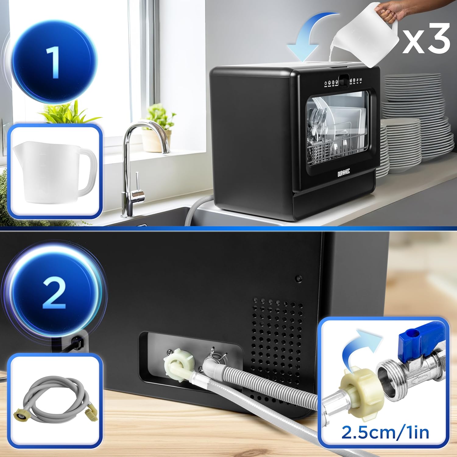 Duronic DW10 BK Lave-vaisselle de table 950W Lave vaisselle posable compact Gain de place pour petite cuisine 5 programmes de lavage Séchage Lavage des plats assiettes verres bols couverts fruits