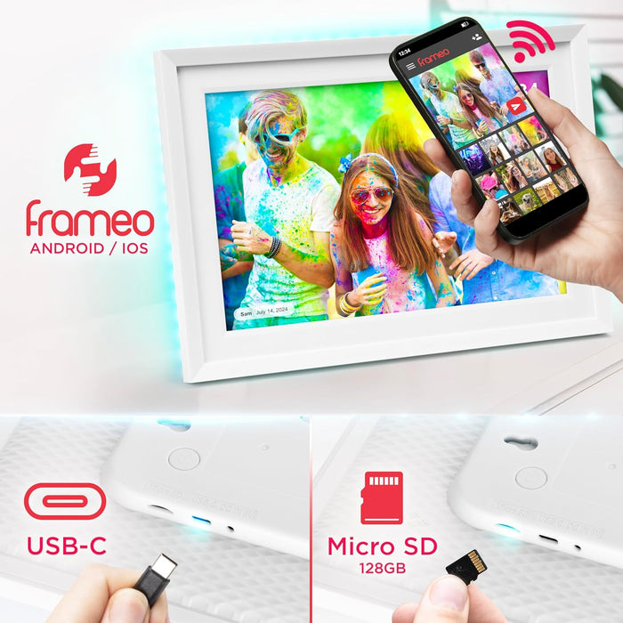 Duronic Frameo PF2A WE Cadre Photo numérique connecté Ecran Tactile 10,1 Pouces Lecteur Photos vidéos Haute résolution 1280 x 800 Pixels Mémoire 32 Go Chargeur 5V/3A