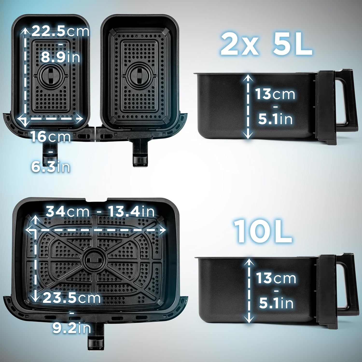 Duronic AF34 BG Set Friteuse à Air avec 1 grand tiroir de 10L et 2 petits tiroirs de 5L inclus | 10 Programmes de Cuisson Préréglés | Sans huile | Fonctions Sync Cook Sync Finish