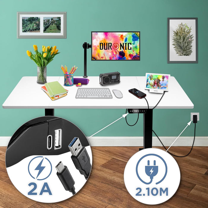 Duronic CD160 BW Bureau Assis-Debout électrique Complet avec Plateau de 160 cm Hauteur Ajustable de 72 à 118 cm Charge maximale de 70 kg Poste Travail Assis Debout Domicile télétravail Bureau