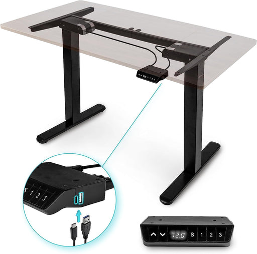 Duronic TM61 BK Structure de Bureau Assis-Debout électrique | Hauteur Ajustable de 72 à 120 cm | Charge maximale de 80 kg | Plateau de 120 140 ou 160 cm Vendu séparément | Ports USB et USB-C