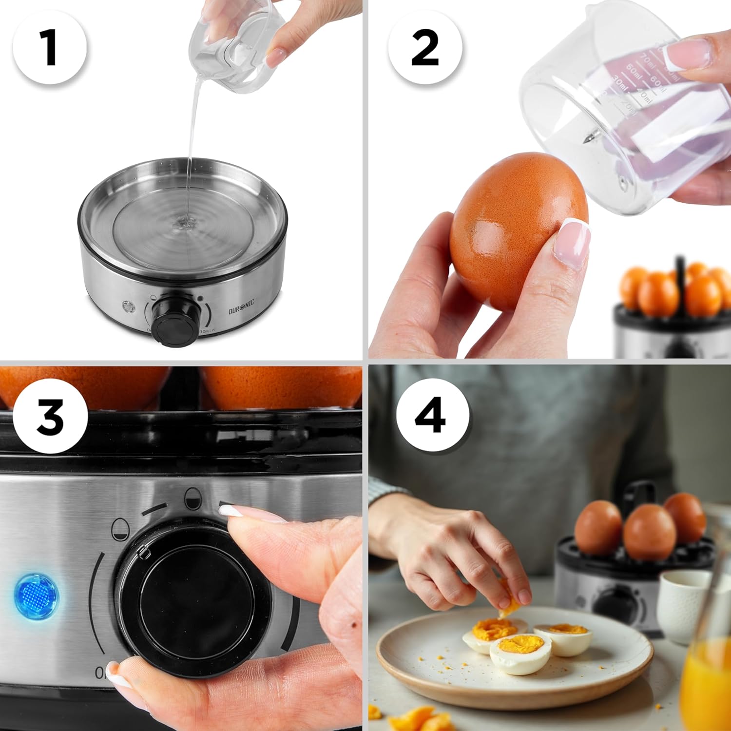 Duronic EB50 BK Cuiseur à oeufs 1 à 7 oeufs 400W Thermostat et minuteur 3 modes de cuisson Oeuf dur ou mollet ou à la coque Arrêt automatique avec alarme sonore Cuisson omelettes légumes œufs