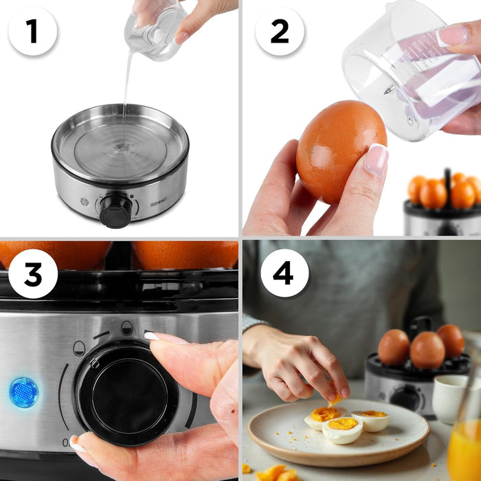 Duronic EB50 BK Cuiseur à oeufs 1 à 7 oeufs 400W Thermostat et minuteur 3 modes de cuisson Oeuf dur ou mollet ou à la coque Arrêt automatique avec alarme sonore Cuisson omelettes légumes œufs