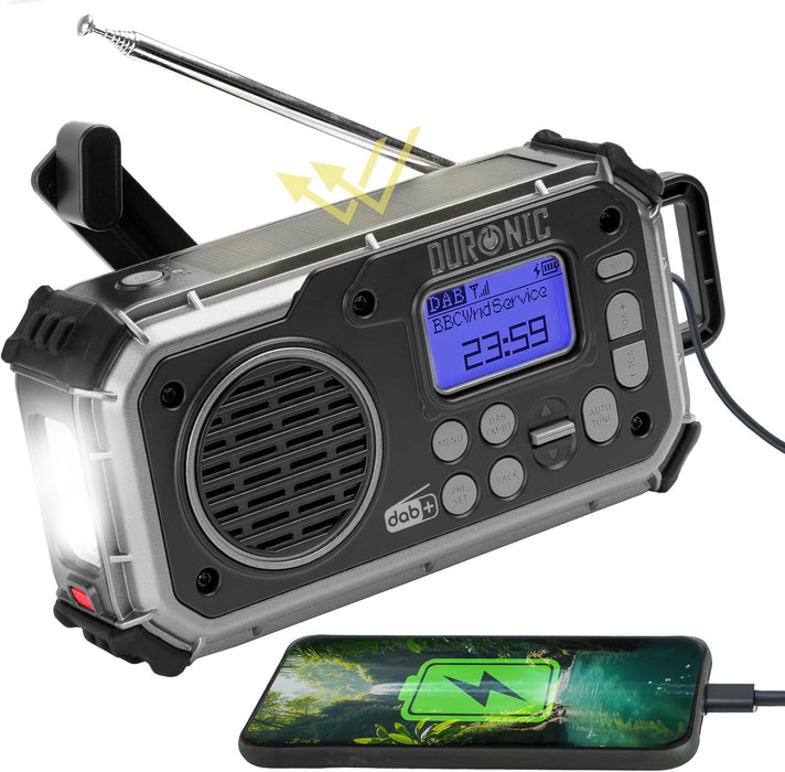 Duronic SDAB1 Radio Portable Dab+ avec Batterie ou 3 Piles AAA Recharge Solaire Manivelle Dynamo Radio Numérique Lampe Torche Alarme SOS Camping Randonnée Extérieur Urgences