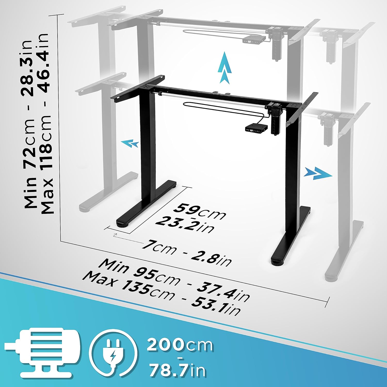 Duronic TM51 BK Structure de Bureau Assis-Debout électrique | Hauteur Ajustable de 72 à 118 cm | Charge maximale de 70 kg | Plateau de 120 140 ou 160 cm vendu séparément | Ports USB et USB-C