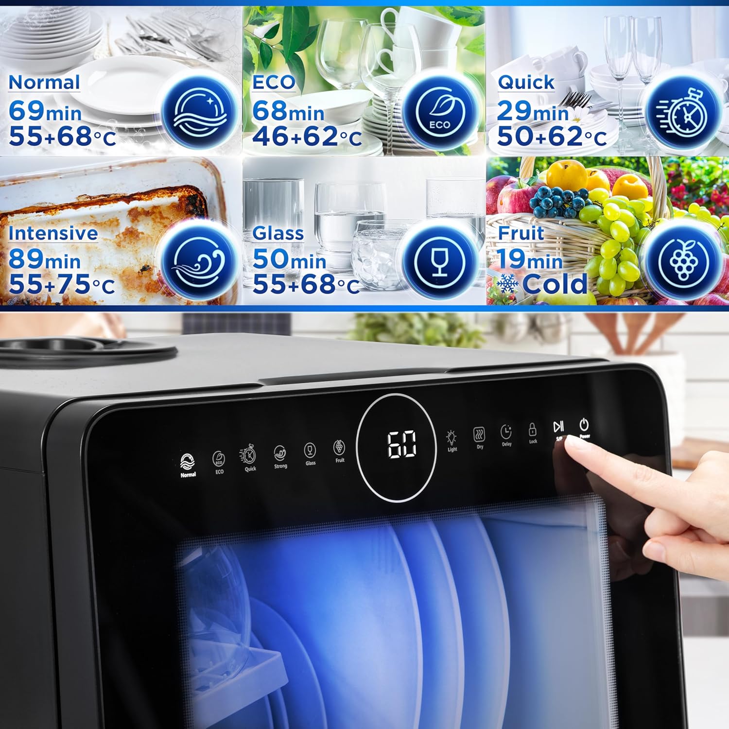 Duronic DW5 BK Lave-vaisselle de table 950W lave vaisselle posable portable compact gain de place pour petite cuisine 7 programmes de lavage séchage efficace pratique