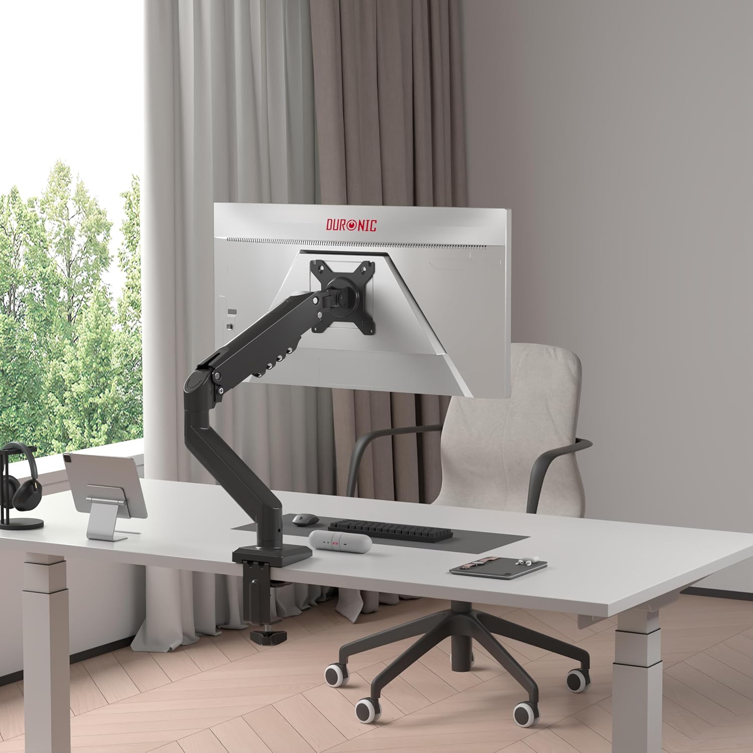 Duronic DM6A1 Bras pour Ecran d’Ordinateur Support pour Moniteur d’écran de 13 à 32 Pouces VESA 75 100 Charge maximale de 9 kg Rotation 360° Bras avec Ressort à gaz