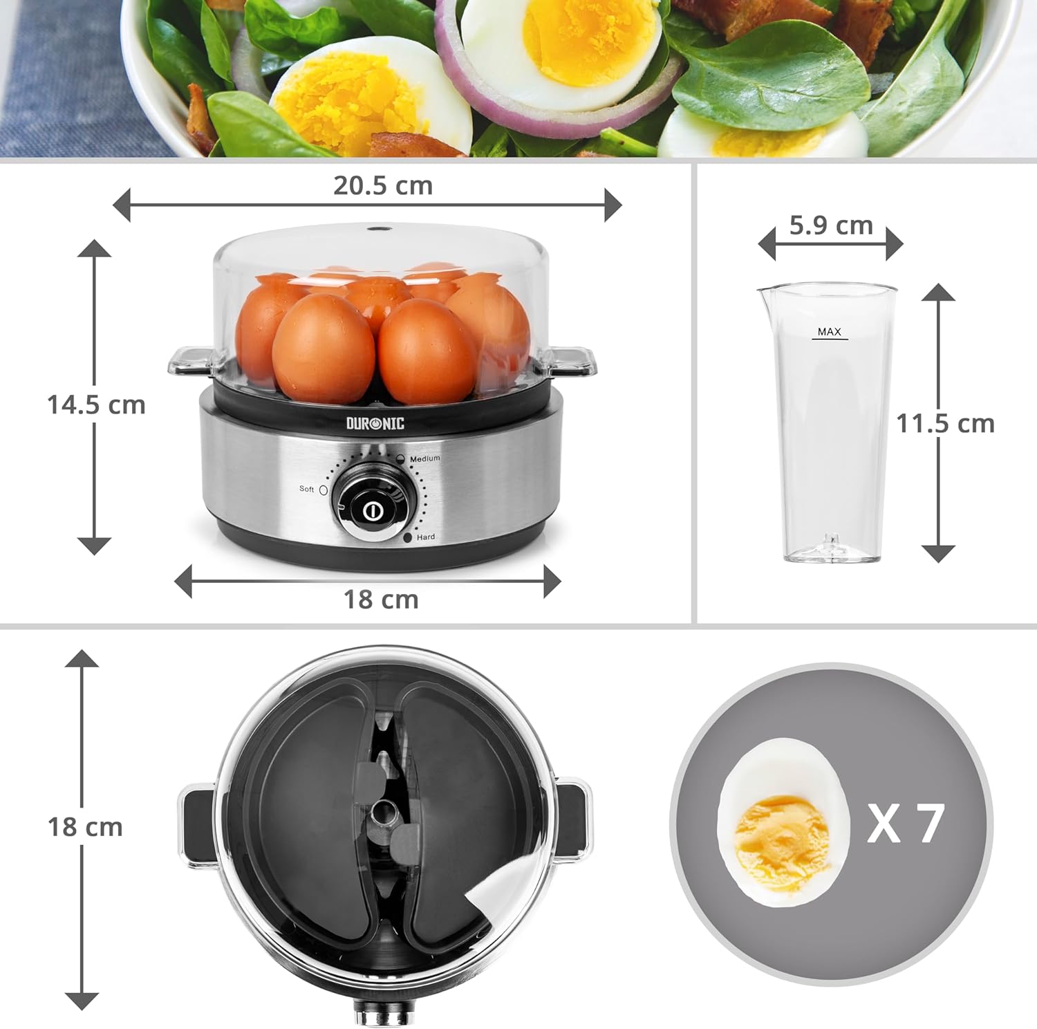 Duronic EB40 BK Cuiseur à œufs 400W 1 à 7 oeufs Thermostat et minuteur pour obtenir œufs durs ou mollets ou à la coque avec fonction dédiée pour préparer 2 types de cuisson Sans BPA