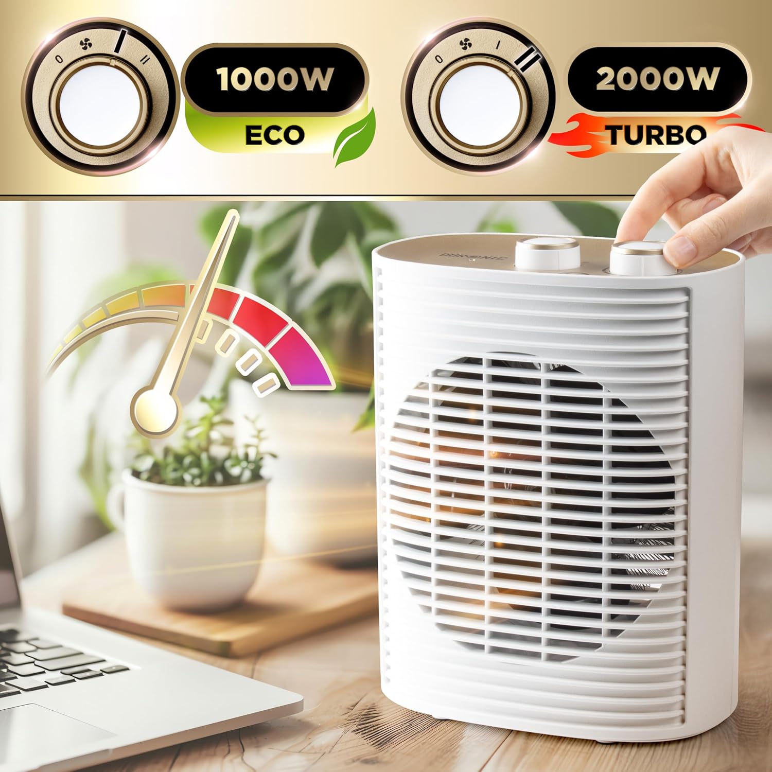 Duronic HV32 WE Radiateur soufflant électrique 2000W Thermostate réglable avec Mode éco Mode turbo Sécurité antibasculement avec arrêt automatique Idéal maison bureau garage