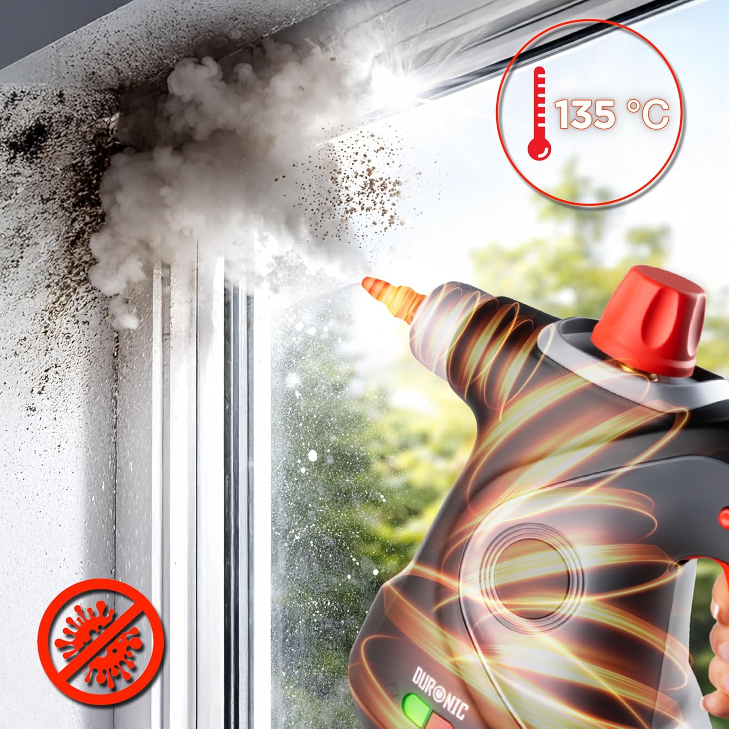 Duronic SC32 BK Nettoyeur vapeur à main 1050W Nettoyeur portable multifonction avec réservoir de 350 ml Nettoyage à la vapeur pour tissus Canapé Joints Douche Four Evier Vitres Fenêtres Miroirs