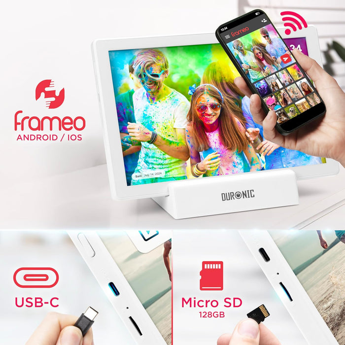 Duronic Frameo PF1D WE Cadre Photo numérique connecté Ecran Tactile 10,1 Pouces Lecteur Photos vidéos Haute résolution 1280 x 800 Pixels Mémoire 32 Go USB-C