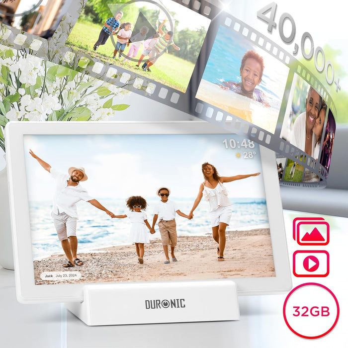 Duronic Frameo PF1D WE Cadre Photo numérique connecté Ecran Tactile 10,1 Pouces Lecteur Photos vidéos Haute résolution 1280 x 800 Pixels Mémoire 32 Go USB-C