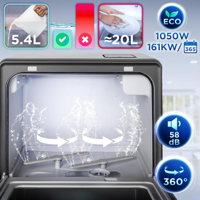 Duronic DW10 BK Lave-vaisselle de table 950W Lave vaisselle posable compact Gain de place pour petite cuisine 5 programmes de lavage Séchage Lavage des plats assiettes verres bols couverts fruits