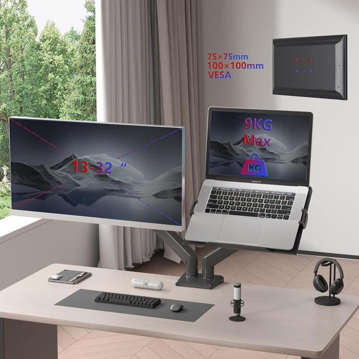 Duronic DM6AL1 Bras pour Ecran d’Ordinateur de 13 à 32 Pouces avec Support pour Ordinateur Portable VESA 75 100 Charge maximale de 9 kg Rotation 360° Bras avec Ressort à gaz