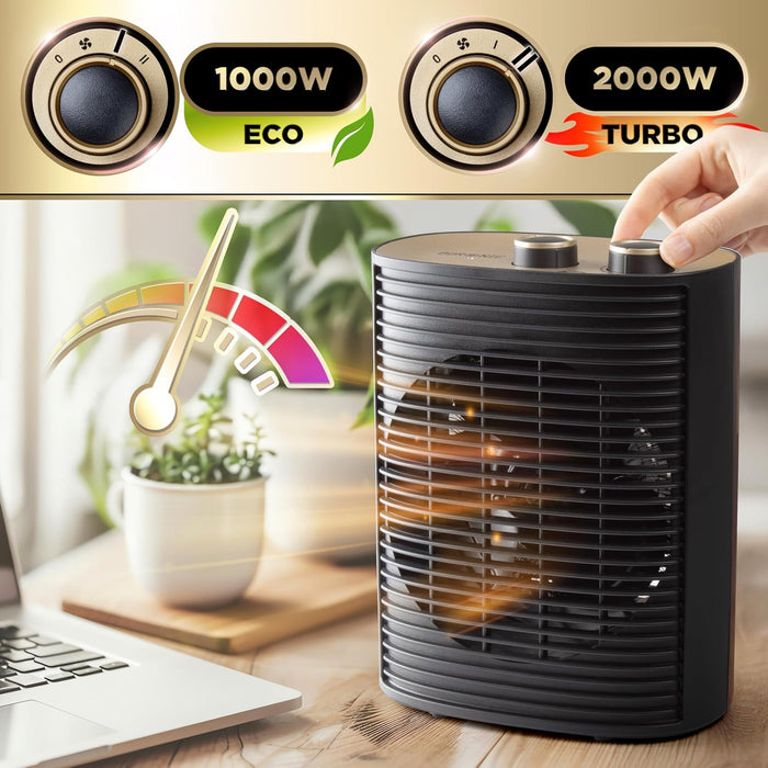 Duronic HV32 BK Radiateur soufflant électrique 2000W Thermostate réglable avec Mode éco Mode turbo Sécurité antibasculement avec arrêt automatique Idéal maison bureau garage