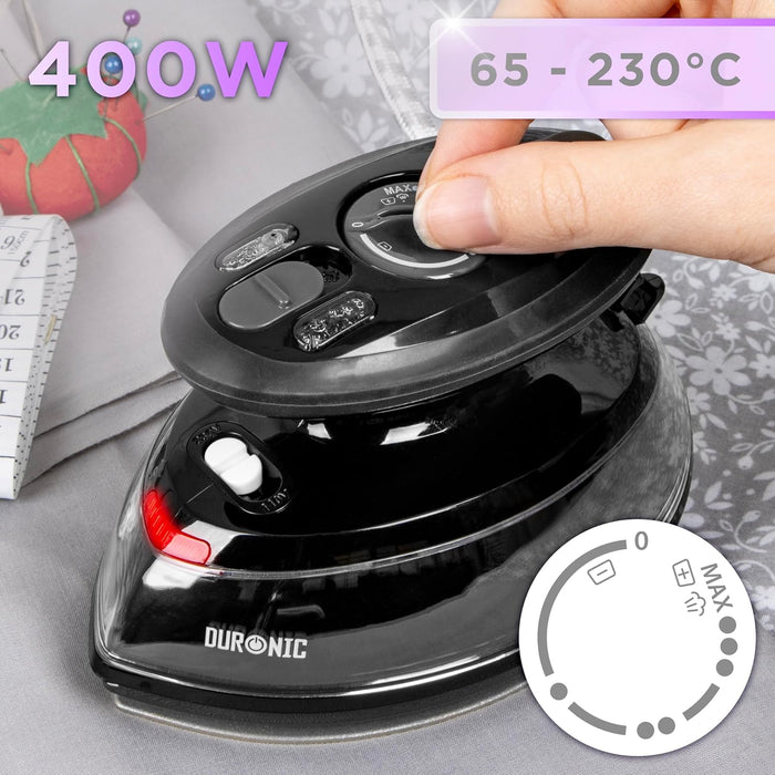 Duronic SI3 BK Fer à repasser à vapeur de voyage 400W Léger et compact 495g Idéal pour les déplacements Convient pour crafts et patchworks Accessoires inclus