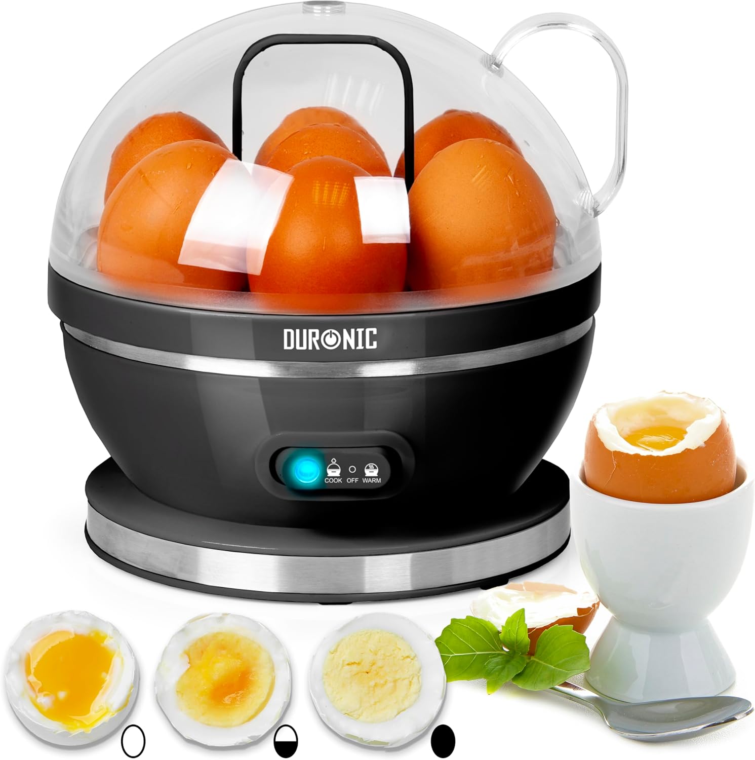 Duronic EB27 BK Cuiseur à œufs 400W 1 à 7 oeufs Thermostat et minuteur pour obtenir œufs durs ou mollets ou à la coque avec fonction dédiée pour préparer 2 types de cuisson Sans BPA