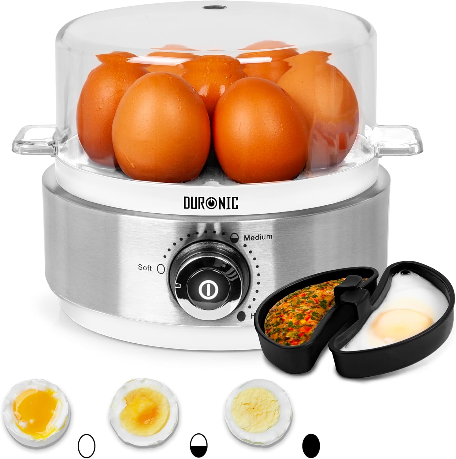 Duronic EB40 WE Cuiseur à œufs 400W 1 à 7 oeufs Thermostat et minuteur pour obtenir œufs durs ou mollets ou à la coque avec fonction dédiée pour préparer 2 types de cuisson Sans BPA