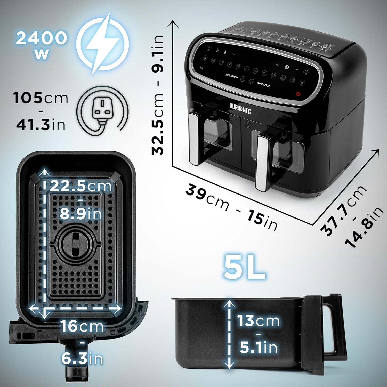 Duronic AF34 BK Set Friteuse à Air avec 1 grand tiroir de 10L et 2 petits tiroirs de 5L inclus | 10 Programmes de Cuisson Préréglés | Sans huile | Fonctions Sync Cook Sync Finish