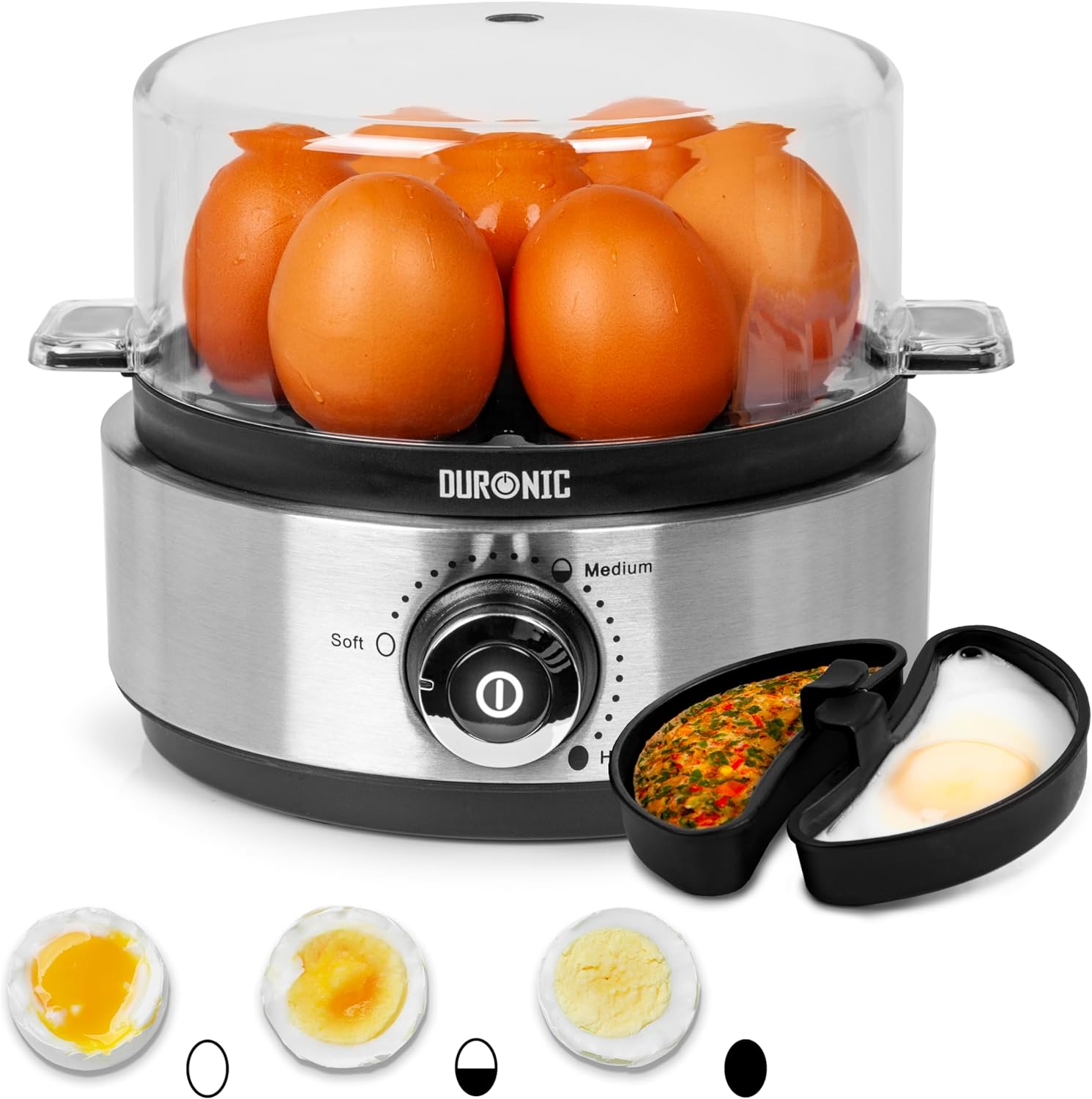Duronic EB40 BK Cuiseur à œufs 400W 1 à 7 oeufs Thermostat et minuteur pour obtenir œufs durs ou mollets ou à la coque avec fonction dédiée pour préparer 2 types de cuisson Sans BPA