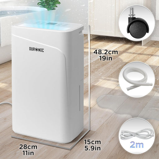 Duronic DH121 Déshumidificateur 300W Jusqu'à 12 litres d'eau par jour Réservoir d'eau de 2,1 litres Lutte contre l’humidité excessive et empêche la formation de moisissures Minuteur de 1 à 24 heures