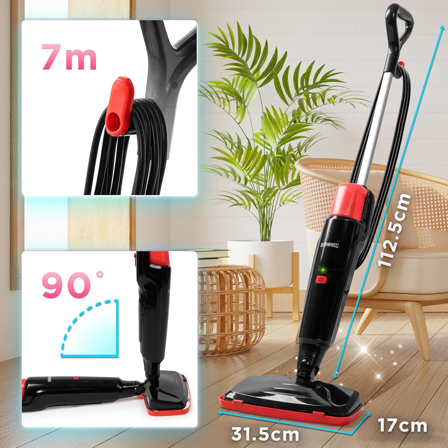 Duronic STM15 BK Balai nettoyeur vapeur de 1500W Réservoir de 500 ml Température maximale de 100°C Nettoyage sol dur carrelage tapis Nettoie sans produits chimiques