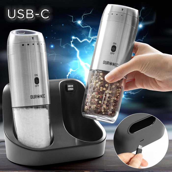 Duronic EMU3 2x Moulins à sel et poivre électriques de 150 ml Broyeur à épices Moulin automatique portable Charge USB-C avec socle