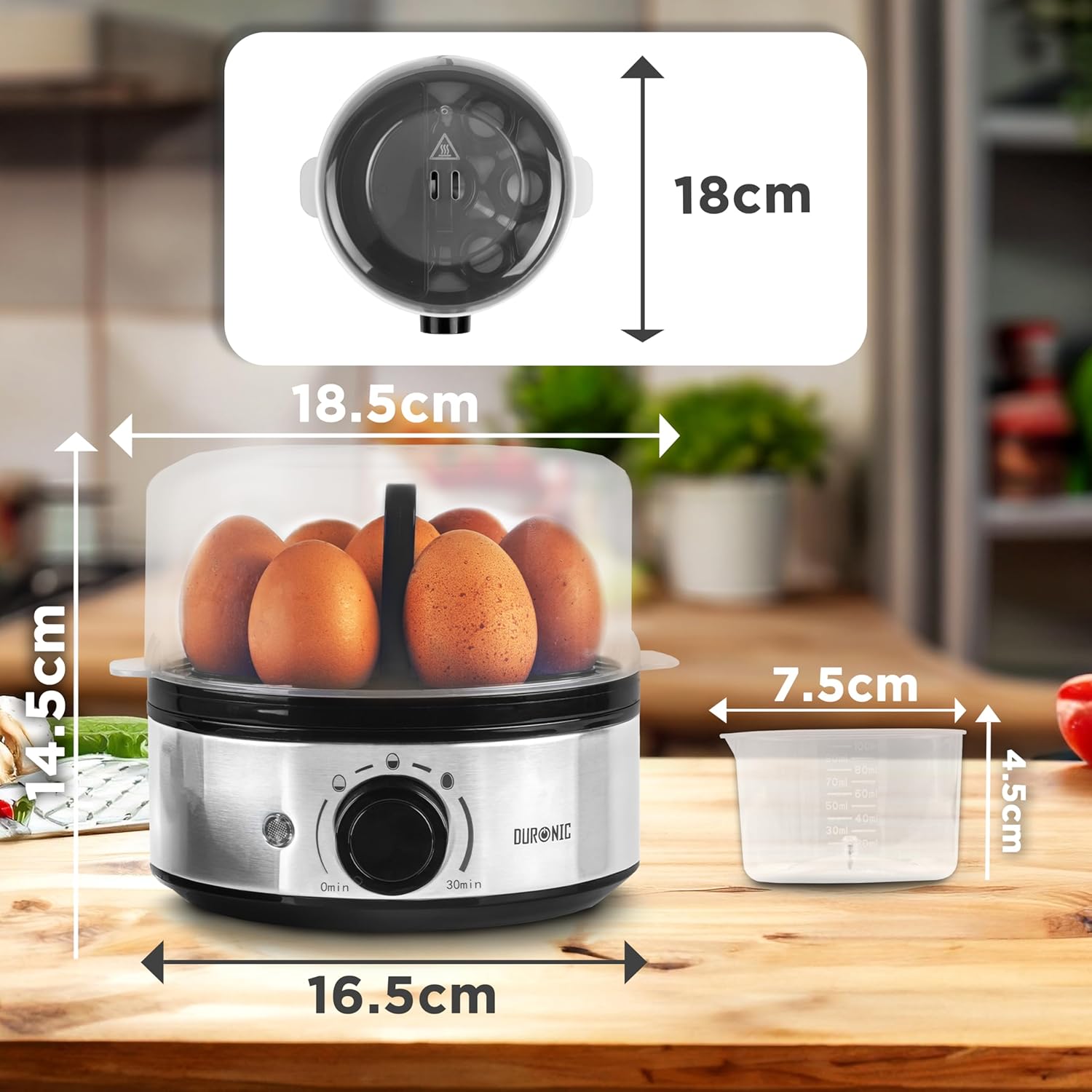 Duronic EB50 BK Cuiseur à oeufs 1 à 7 oeufs 400W Thermostat et minuteur 3 modes de cuisson Oeuf dur ou mollet ou à la coque Arrêt automatique avec alarme sonore Cuisson omelettes légumes œufs