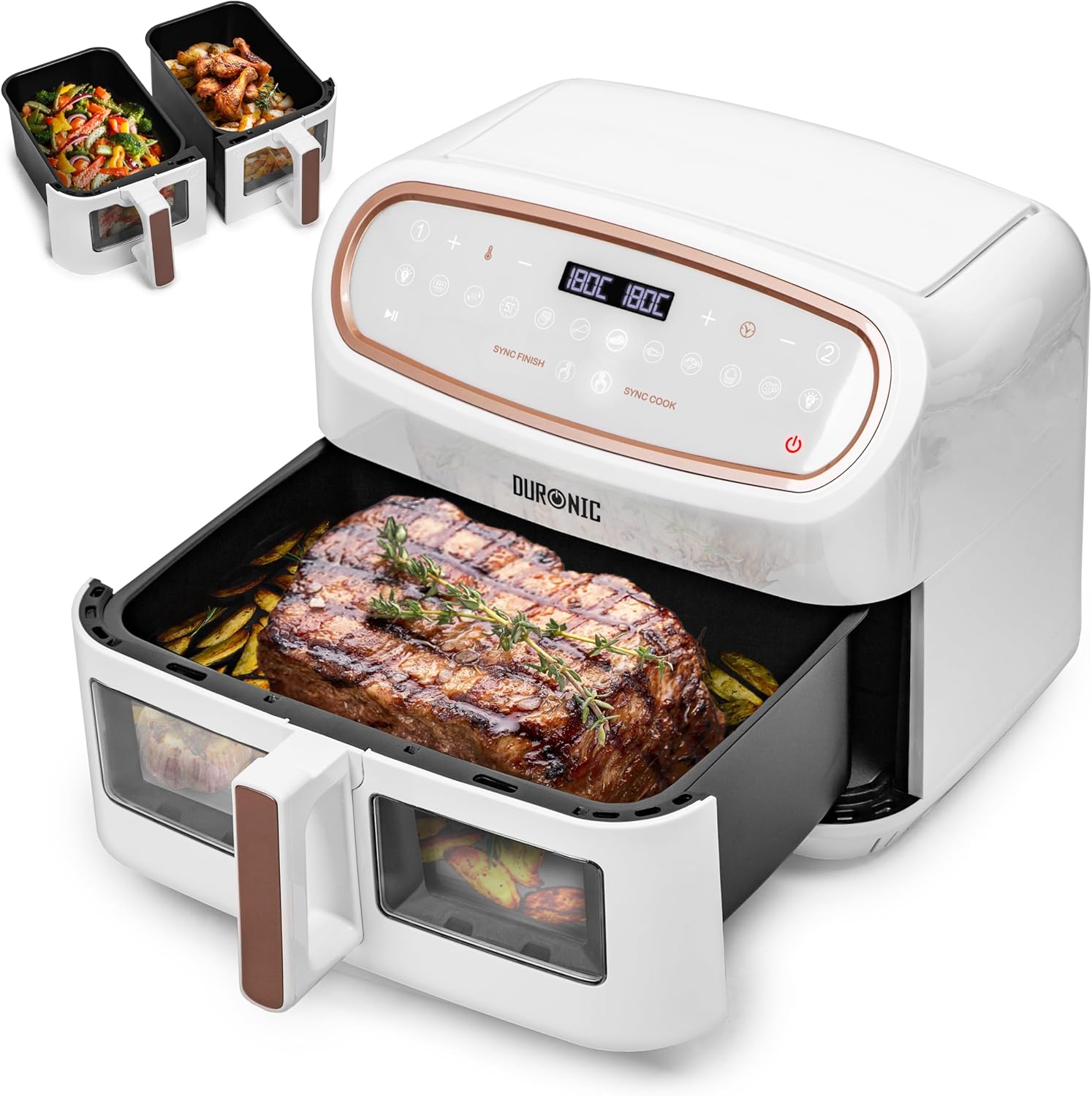 Duronic AF34 WE Set Friteuse à Air avec 1 grand tiroir de 10L et 2 petits tiroirs de 5L inclus 10 Programmes de Cuisson Préréglés Sans huile Fonctions Sync Cook Sync Finish