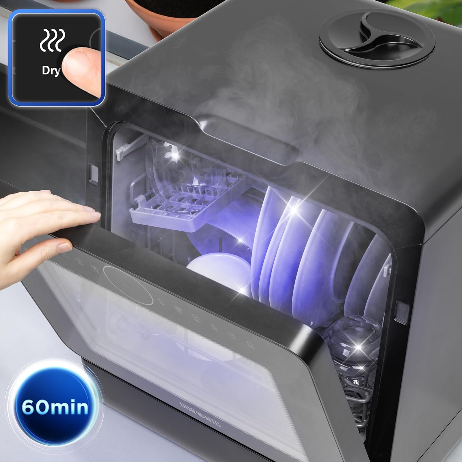 Duronic DW5 BK Lave-vaisselle de table 950W lave vaisselle posable portable compact gain de place pour petite cuisine 7 programmes de lavage séchage efficace pratique