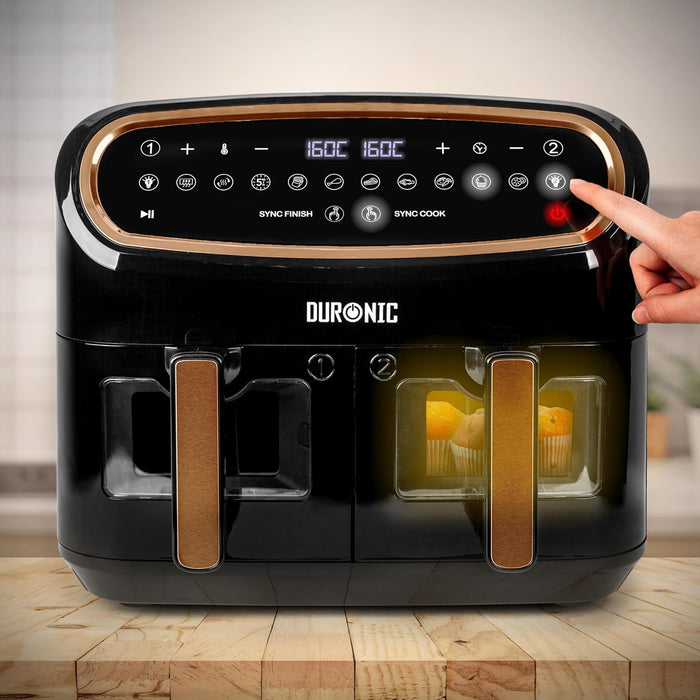 Duronic AF34 BG Set Friteuse à Air avec 1 grand tiroir de 10L et 2 petits tiroirs de 5L inclus | 10 Programmes de Cuisson Préréglés | Sans huile | Fonctions Sync Cook Sync Finish