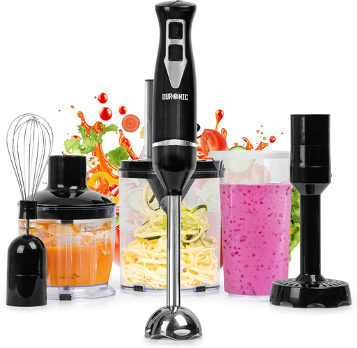 Duronic HB35 Mixeur plongeant à main 350W avec Presse-Purée Hachoir Fouet Spiraliseur | 2 Réglages de Vitesses | 2 lames et axe en inox | Idéal pour Soupe Pâtisserie Smoothie Purée Fruits Légumes