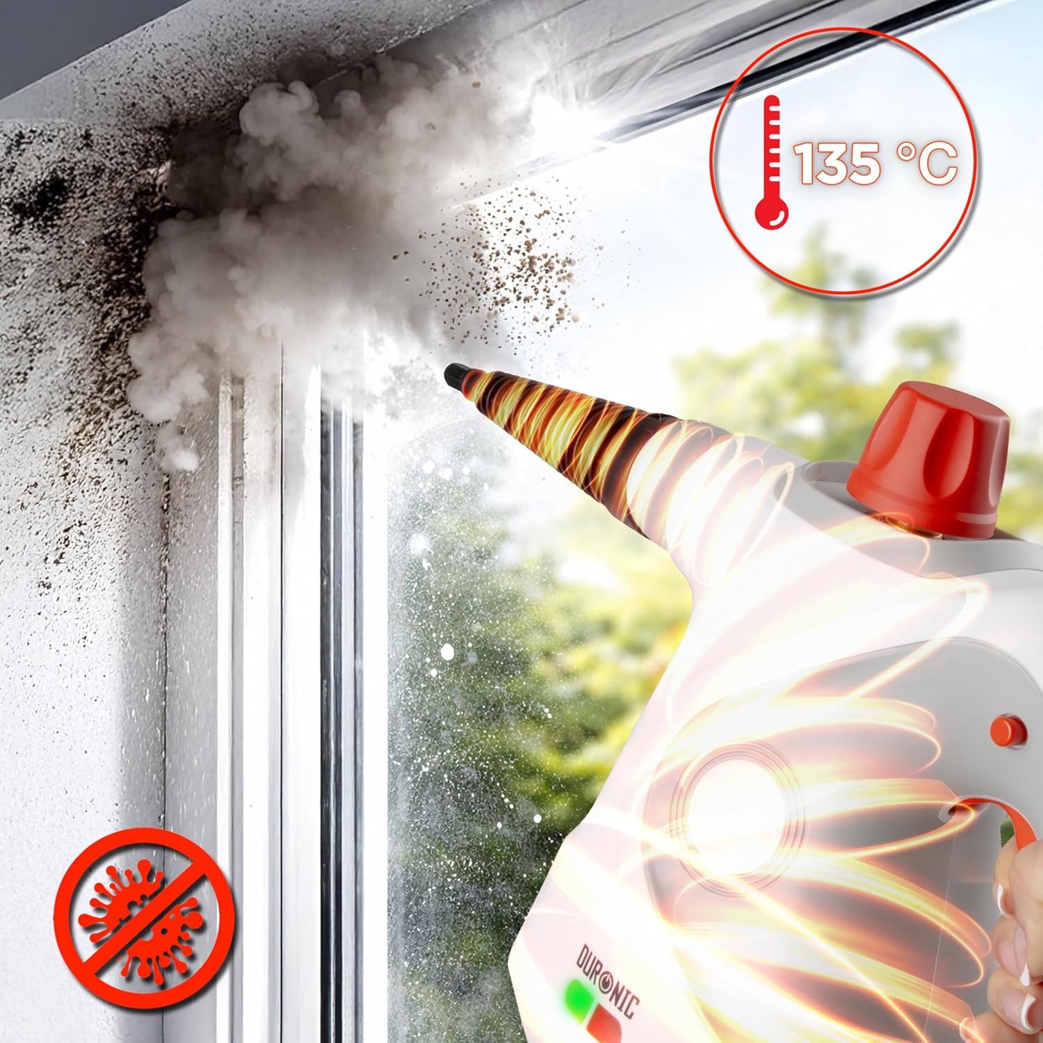 Duronic SC32 WE Nettoyeur vapeur à main 1050W Nettoyeur portable multifonction avec réservoir de 350 ml Nettoyage à la vapeur pour tissus Canapé Joints Douche Four Evier Vitres Fenêtres Miroirs