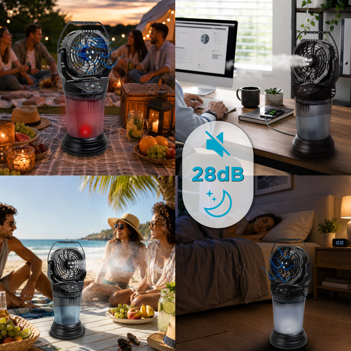 Duronic FM6 BK Ventilateur de brume rechargeable Réservoir d’eau 2 litres 4 vitesse Télécommande incluse Lumières LED Lampe torche d’urgence Ventilateur portable extérieur camping pique-nique