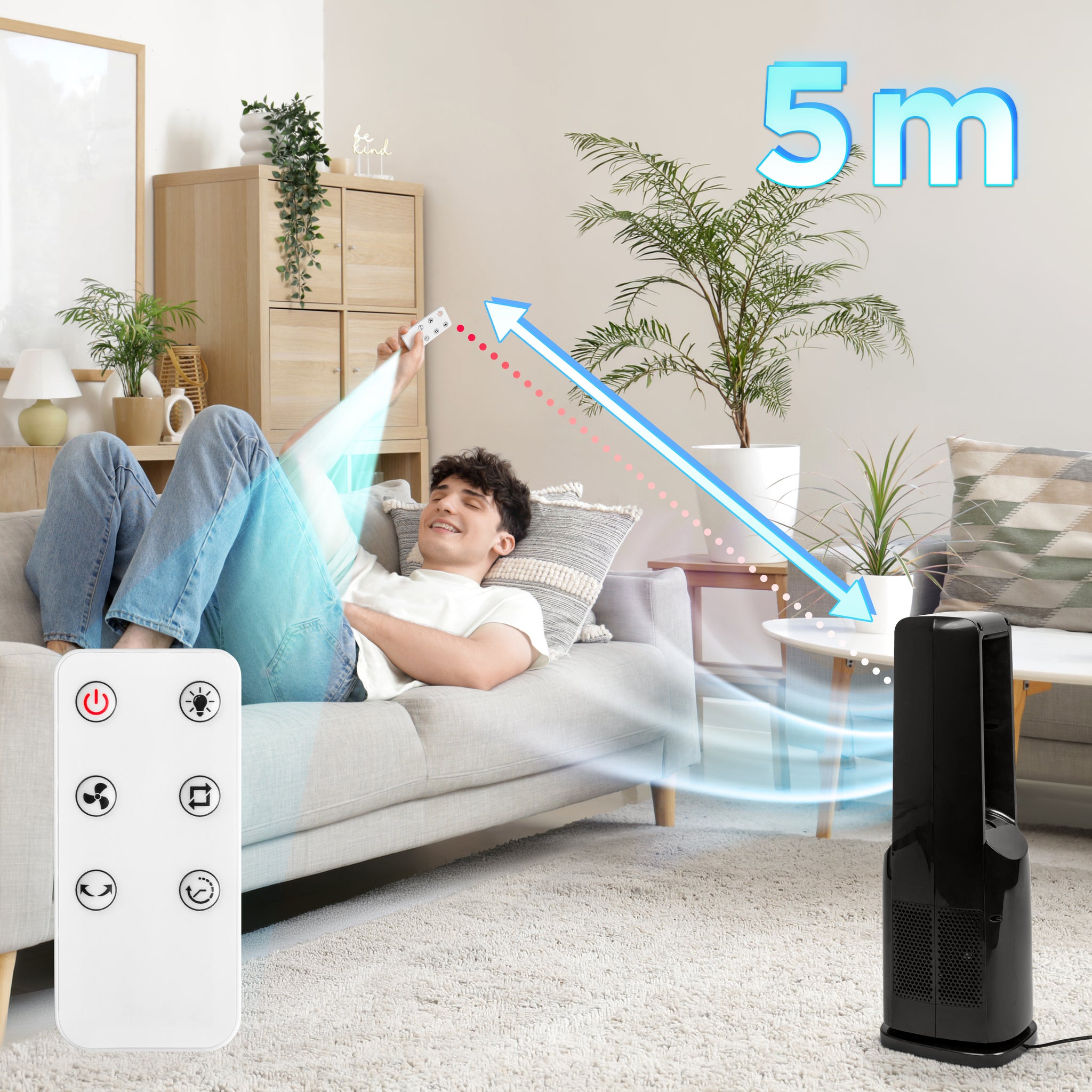 Duronic FN72 BK Ventilateur colonne 60W Aérateur avec 3 vitesses Minuterie 1 à 12 heures Oscillation à 70° Mode nuit Télécommande incluse avec 5 mètres de portée