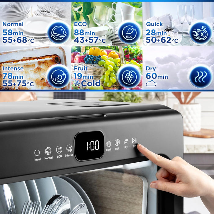 Duronic DW10 BK Lave-vaisselle de table 950W Lave vaisselle posable compact Gain de place pour petite cuisine 5 programmes de lavage Séchage Lavage des plats assiettes verres bols couverts fruits