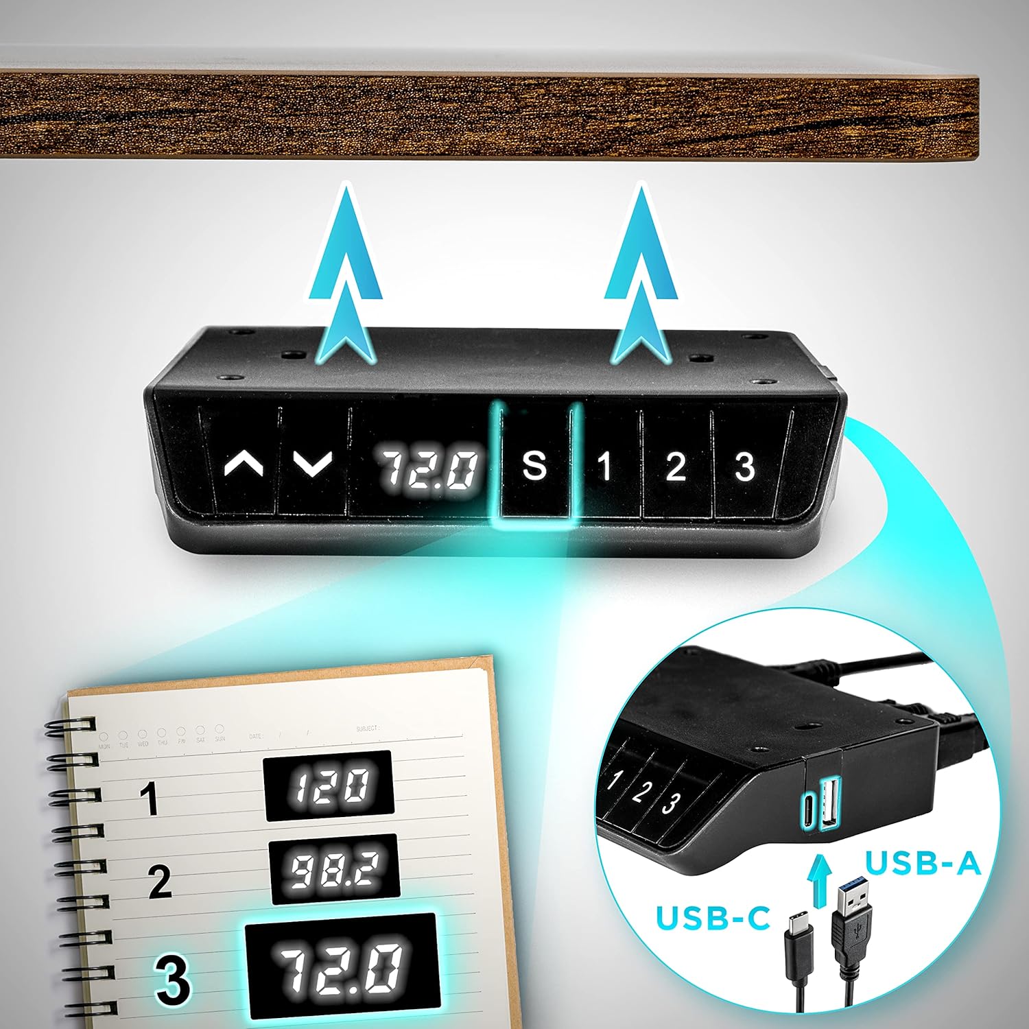 Duronic TM51 BK Structure de Bureau Assis-Debout électrique | Hauteur Ajustable de 72 à 118 cm | Charge maximale de 70 kg | Plateau de 120 140 ou 160 cm vendu séparément | Ports USB et USB-C