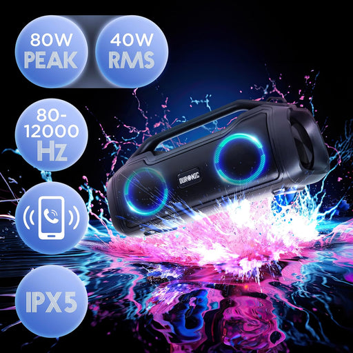 Duronic BX48 Enceinte Bluetooth Portable de 80W | Boombox sans Fil avec lumières RGB | Résiste à l'eau IPX5 | Autonomie de 4,5 Heures | Compatible AUX USB